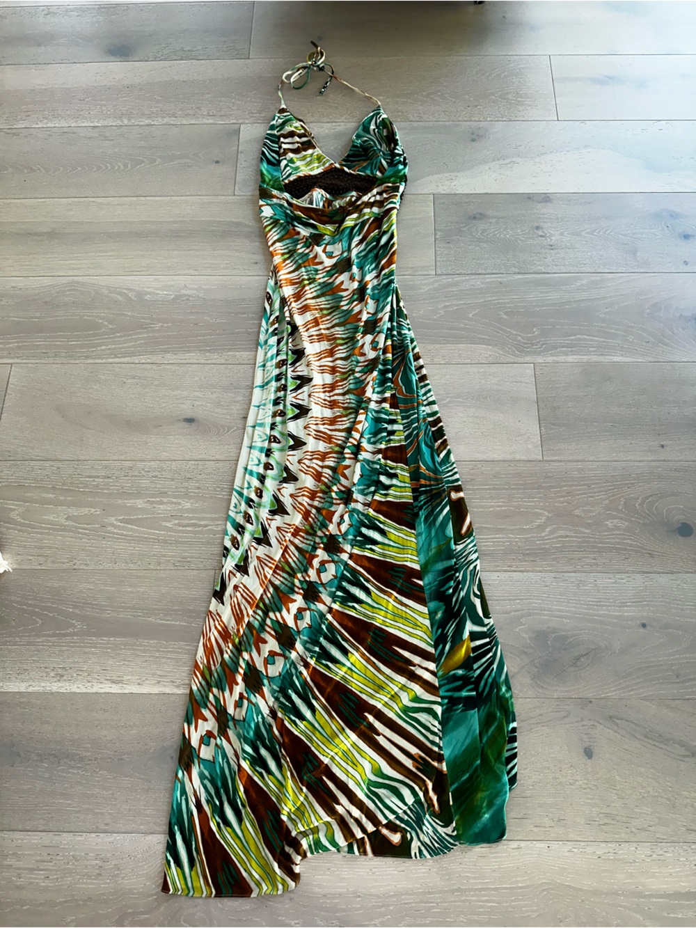 Sky Y2K silk and leather Maxi Halter Dress sz large - Picture 3 of 9